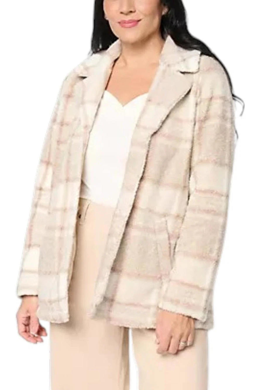 Joan Rivers Women's Plaid Sherpa Teddy Coat Ivory - Petite